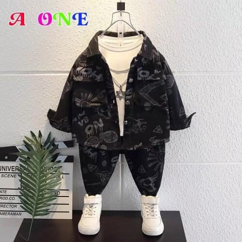 Boys spring autumn Cowboy suit kids clothes baby clothing Denim jacket + jeans 2 pcs set fashion letter boys outfits 2T -12Yrs