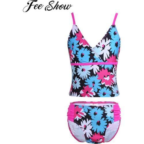 FEESHOW 3-14 Years Girls Bikini Swimsuits Kids Teens Bathing Set Flower Pattern Halter Strap Swimwear Girl Teens Beach Swimwear