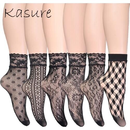 KASURE New Fashion Lace Plaid Mesh Ankle Socks Leopard Flower Pattern Fishnet Socks For Women Ladies