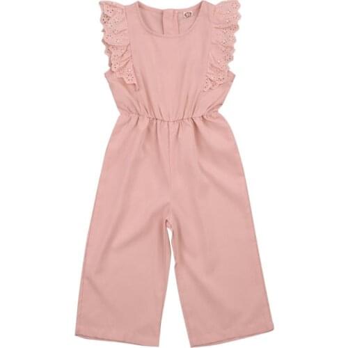 Summer Breathable Little Girls Jumpsuit Toddlers Sweet Style Solid Color Lace Edge Fly Sleeve Round Collar Siamese Trousers