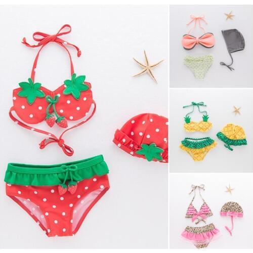 Cute strawberry two Pieces Baby Girls Bathing Suit Children Swimsuit with Cap Baby Girls Swimwear Kids Swimming Bikinis Set