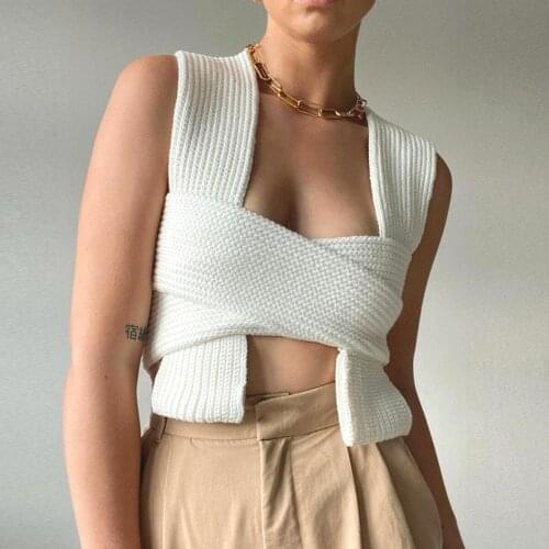 Missnight Knitted Tank Top Bandage Adjustable Tops V Neck Crop Tank Top Elastic Solid Color Tops Women 2021 Sexy Streetwear