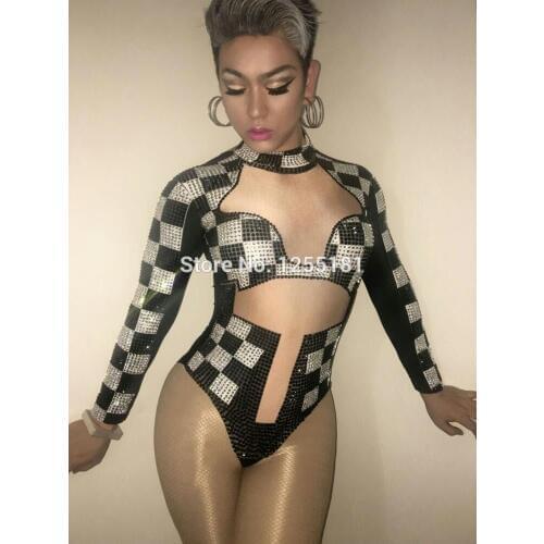 Fashion Crystals Black White Grid Rhinestone Leotard Celebrate Outfit Dance Stage Show Nightclub Costume Singer Bodysuit Wear