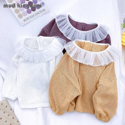 Mudkingdom Girls Pullover Sweater Solid Puff Sleeve Double Yarn Collar Button Loose Thin Tops for Toddler Spring Kids Clothes