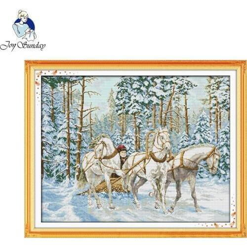 Joy Sunday The Cart Go Through The Snow Cross Stitch Kits 11CT Printed 14CT Cross Stitch Sets Embroidery Needlework