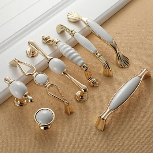 Newest Metal Ceramic Furniture Cupboard Pulls Dresser Drawer Cabinet Handle Knob Pull Door In Gold With White Color Hardware