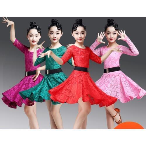 2019 New Girls Lace Ballroom And Latin Dance Dresses For Sale Cha Cha Rumba Samba Jive Long Sleeves Children Teen Latino Dress
