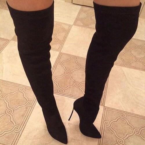 Charming Lady Stretch Suede Blade Heel Thigh Boots Metal High Heel Pointed Toe Over Knee Boots Slip On Slim Leg Winter Botas