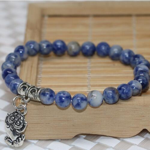 Wholesale price natural blue spot point stone round beads bracelets women strand elastic jewelry making 7.5inch B1950