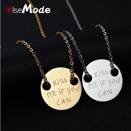 ELSEMODE Round Kissme If You Can Letter Necklace For Men Women Stainless Steel Couples Necklaces Unisex Lovers Valentines Gifts