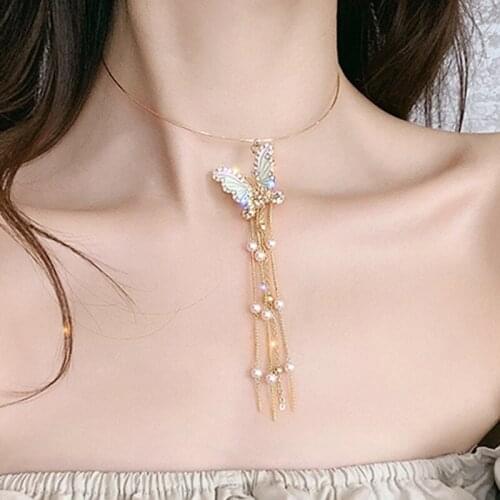 New Fashion Trendy Long Tassel Collar Colorful Butterfly Pendant Collar For Women Summer Travel Jewelry New Ladies Necklace