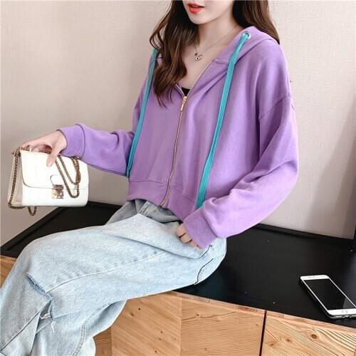 Casual Cotton Short Hoodies Women Autumn Sweet Panelled Drawstring zip-up Short Sweatshirts Long Sleeved Thin Hooded Coat Spring