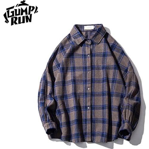 GUMPRUN Men Harajuku Color Block Plaid Shirt 2021 Mens Streetwear Thick Shirts Long Sleeve Male Vintage Korean Fashions Clothes