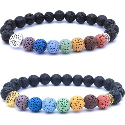 Seven Chakra Women Men Tree of Life Charm Bracelet Black Lava Stone Beads Buddha Yoga Strand Lover Friendship Bracelet Jewelry