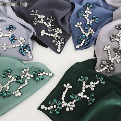Elegant Women Plain Solid Chiffon Hijab Muslim Headwear Islamic Arab Rhinestone Head Wrap Scarves Long Shawls Bead Turban