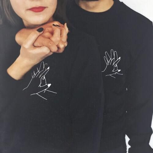 Lover Sweashirt Men Women Couple Hoodies Spring Autumn Black Graphic Lovers Interlocking Fingers Hand Print Pullovers