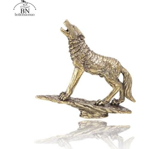 Solid Brass Prairie Rock Stone Wolf Statue Desktop Ornament Table Tea Pet Vintage Copper Animal Figurines Miniatures Decorations