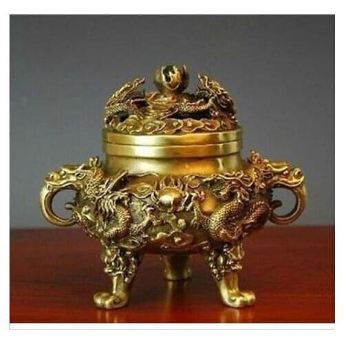 Decoration bronze factory Pure Brass Antique Exquisite Collectible Chinese Brass Dragons Incense Burner