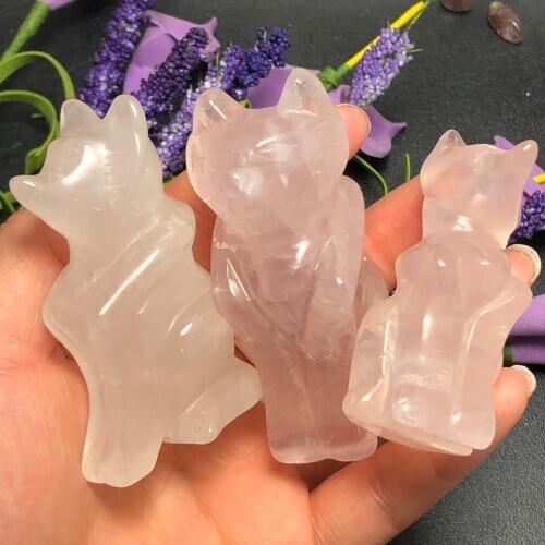 Natural rose crystal carving fox meditation decoration, powerful aura decoration