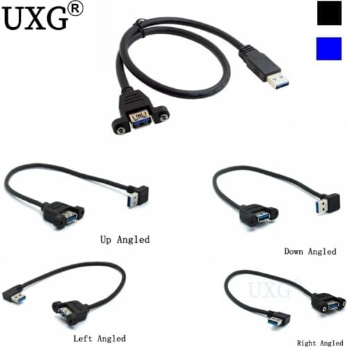 90 degrees bend USB 3.0 A Type Male to Female Extension Cable with Panel Mount screws black blue 25cm 50cm