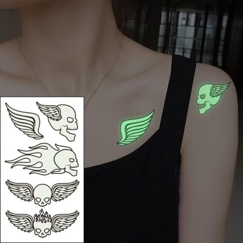 Waterproof Temporary Luminous Tattoo Sticker Skull Wings Halloween Horrible Pattern Flash Fake Tatto for Women Men