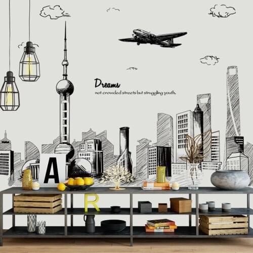 Tall Building Wall Stickers Modern City Black and White Abstract Wall Art Hand-painted Living Room Bedroom Decoration Aesthetic