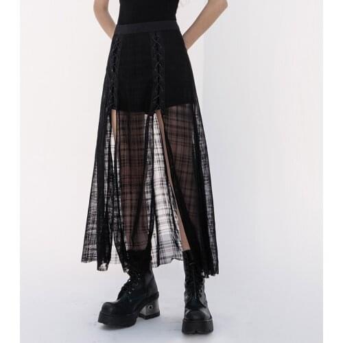 PUNKRAVE Womens Punk Medium-length Grid Mesh Pant Skirt Daily Wear Elastic Waist A-line Long Skirt