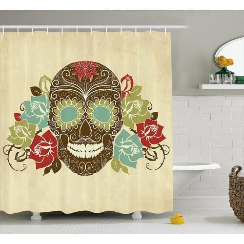Sugar Skull Shower Curtain Skull and Roses Colorful Vintage Composition Smiling Gothic Face Artistic Waterproof Bath Curtains