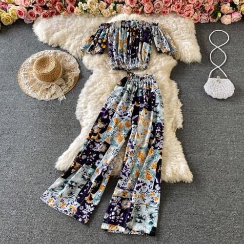 One-line strapless floral chiffon shirt women short-sleeved summer new high-waist wide-leg pants nine-point pants two-piece sets