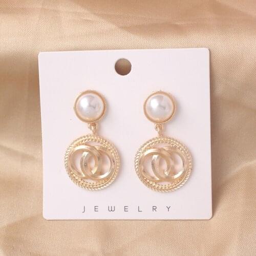 Double Round Drop Earirngs for Women Imitation Pearl Top Fold Metal Gold Color Dangle Earrings femme pendientes mujer 2021