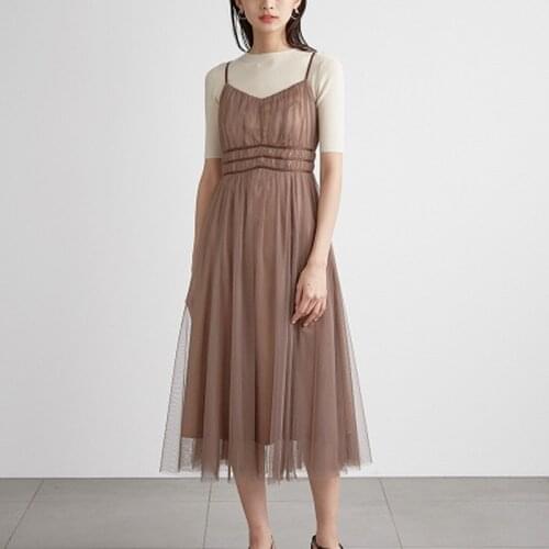 Chic 2PCS Sweet Mesh Lace-up Dress Bandage Slim Sleeveless Vestidos + Simple Solid O-neck Short Sleeve Knit Tops Women Sets