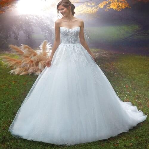 Glam Strapless Appliques Tulle Court Train Bridal Ball Gown Custom Made Off Shoulder Wedding Dress Vestido De Novia