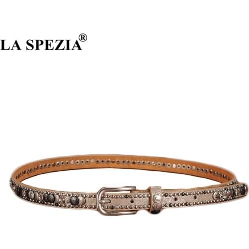 Gold Women Belt Rhinestone Rivet Genuine Leather Pin Buckle Thin Belt Female Vintage Cowskin Ladies Belt Accessories