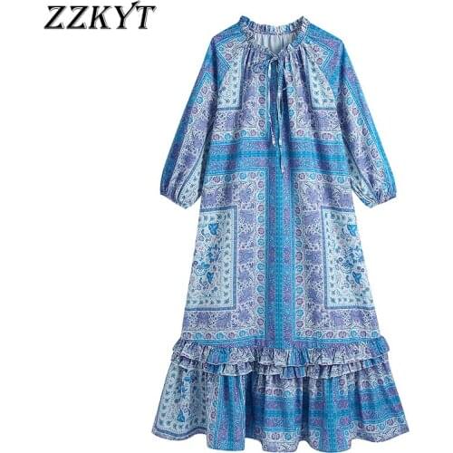 ZZKYT 2021 Women Summer Chic Fashion Floral Print Ruffles Midi Dress Vintage O-Neck Long Sleeve Bow Tie Female Beach Dresses