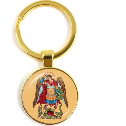 1pcs 25mm Glass Cabochon Keychains Archangel St.Michael Protect Me Saint Shield Protection Charm Russian Orhodox Pendant Jewelry
