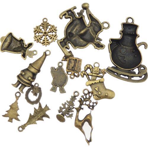 10Pcs Mix Christmas Deer Snowman Socks Bell Santa Claus Tree Bronze Earring Necklace Bracelet Craft Key Chain Accessories Crafts