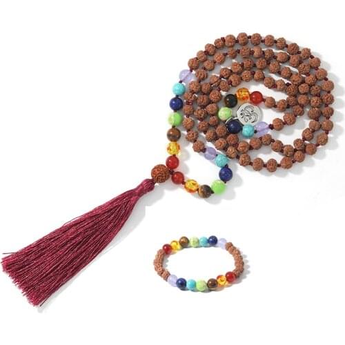 108 Rudraksha Seven Chakra Beads Hand-Knotted Long Necklace Mens Womens Charm Fashion Jewelry Meditation 7 Chakra Bracelet Set
