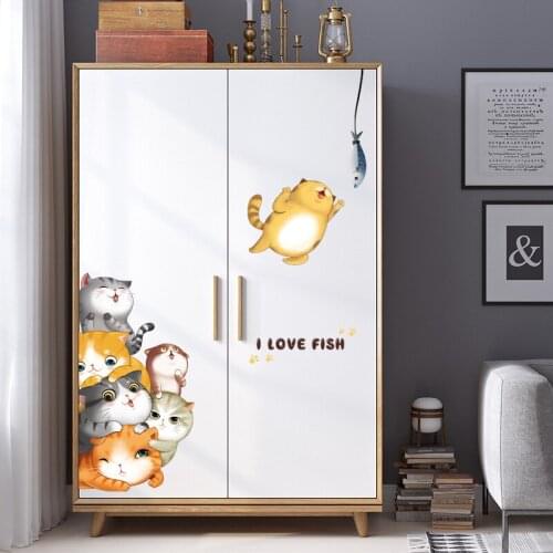 75*197cm Lovely Cartoon Cats Wall Stickers Love Fish Door Stickers Cute Cats Home Decor for Kids Room DIY Wall Decals Removable