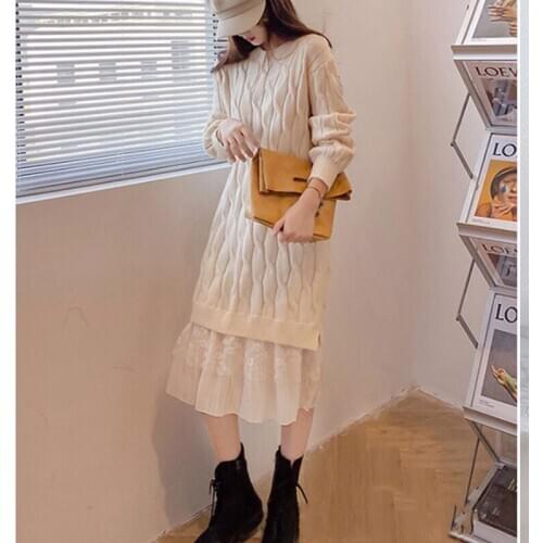 One-Piece Woman Lace Stitching Twist Dress Womens Winter Korean Long Sleeve Knitted Sweater Dresses 2021 Spring Woman Midi Dress