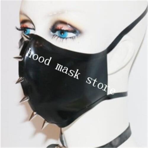 Black Latex Muzzle Face Mask w/ Spikes Adjustable Latex Hood Halloween Rubber fetish masque for party