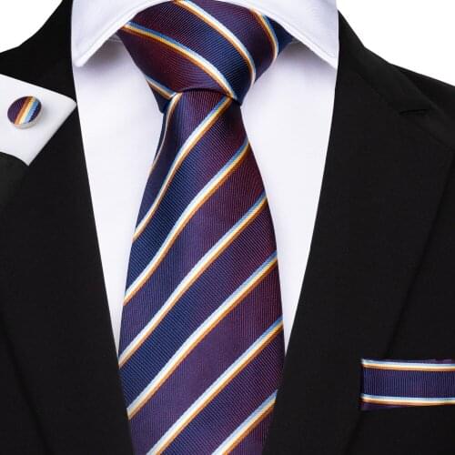 DiBanGu New Purple Yellow Tie for Men 100% Silk Striped Tie Clip Hanky Cufflinks Mens Tie Wedding Business Tie Set SJT-7027