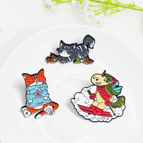 Cute Cat Kitten Deer Elk Enamel Pins Sleep Play Cats Elk Snow mountain Skiing Badge Brooch Lapel Pin Cartoon Animal Jewelry Gift