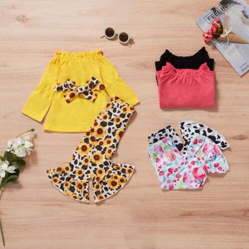 FOCUSNORM 1-5Y Autumn Lovely Baby Girls 2pcs Clothes Sets Leopard Floral Printed Long Sleeve Bow Tops Flare Pants