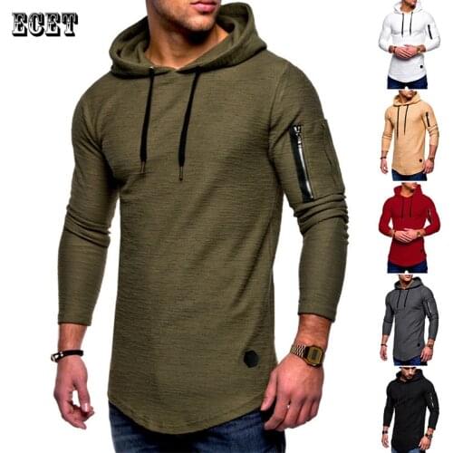 Streetwear Casual Mens Hooded Long Sleeve T-shirt Top Outdoor Fashion Sleeve Zipper Pocket Cotton Mens T-shirt