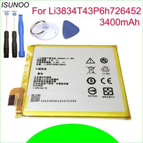 ISUNOO 3400mAh Li3834T43P6h726452 Battery For MTC Smart Run 4G For ZTE Blade V2 Lite A450 Battery With Repair Tools