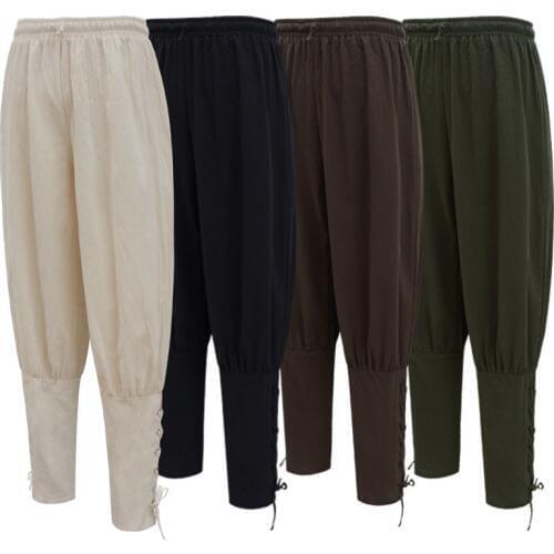 Medieval Renaissance Larp Pirate Horseman Costume Mens Viking Pants Ankle Banded Lace-up Trouser Linen Outfit For Men Plus Size