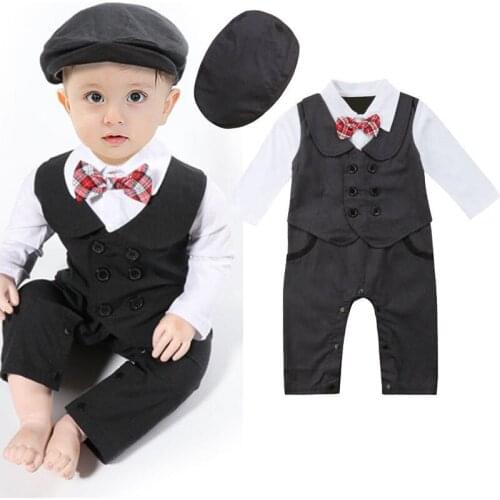 Newly Toddler Baby Boy Formal Suit Party Wedding Tuxedo Gentleman Double Breasted Romper Jumpsuit +Hats Outfit 0-24M