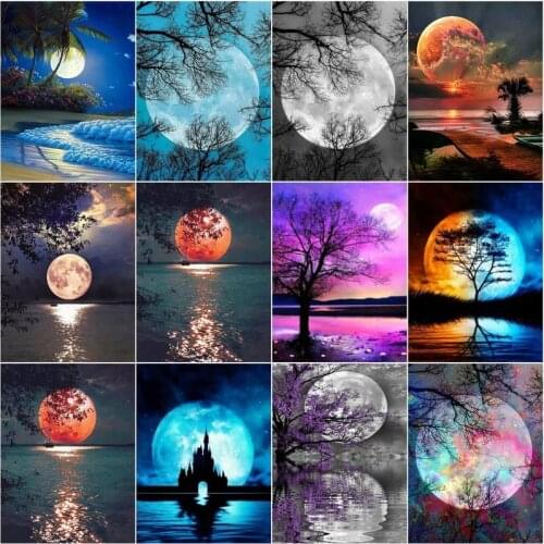 CHENISTORY Moon Scenery DIY 5D Full Round Diamond Painting Mosaic Landscape Diamond Embroidery Picture Rhinestone Home Decor Gif