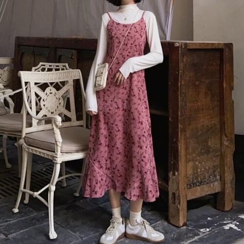French Floral Sling Dress Female Spring and Autumn New Style Hot Wind Retro Design Corduroy Long Skirt Dress