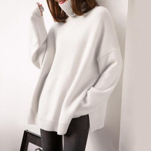 Cashmere wool blend thick knit women new fashion casual pullover sweater high piles collar drop-shoulder sleeve S-XL